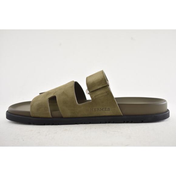 Hermes Chypre Sandal Mens Vert Toundra Green Suede Black H Logo Slide Flat 46 13 - Picture 12 of 16